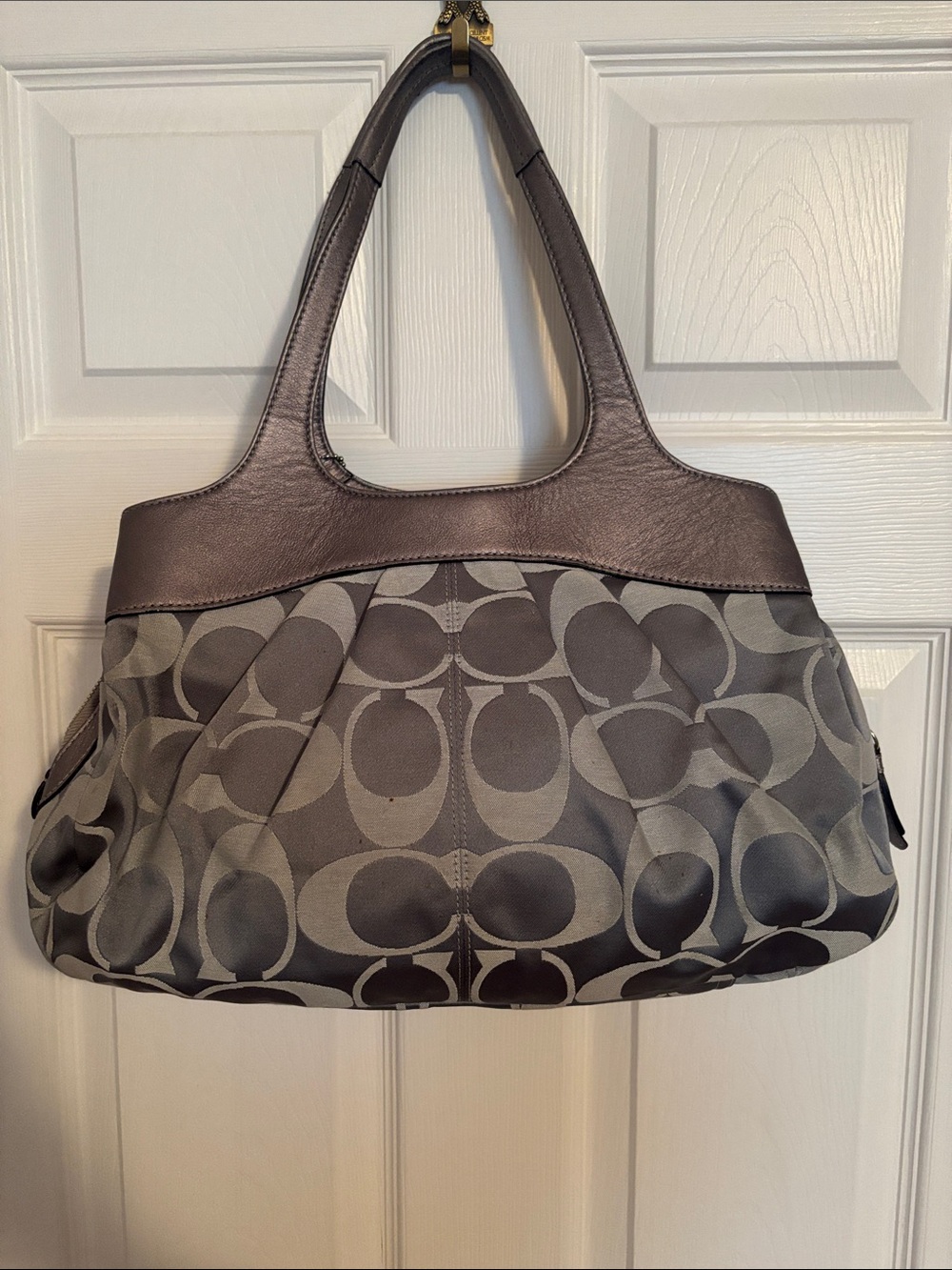 Coach Gray Signature Canvas Shoulder Bag with Leather Trim - Picture 2 of 14